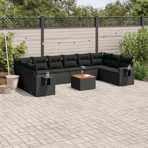 11-Piece Garden Sofa Set with Cushions Black Poly Rattan Wicker Outdoor Patio Furniture - Image 2