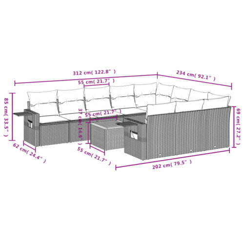 11-Piece Garden Sofa Set with Cushions Black Poly Rattan Wicker Outdoor Patio Furniture - Image 3