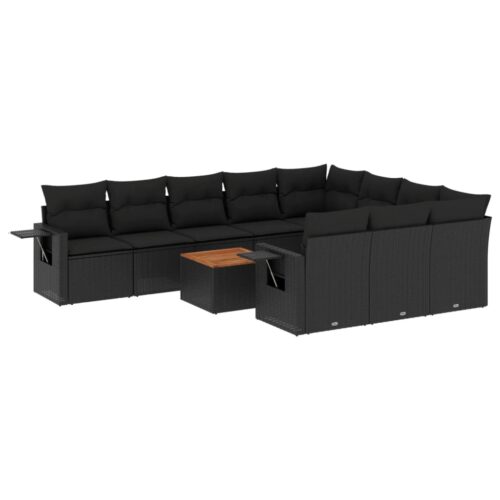 11-Piece Garden Sofa Set with Cushions Black Poly Rattan Wicker Outdoor Patio Furniture - Image 5