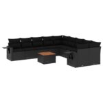 11-Piece Garden Sofa Set with Cushions Black Poly Rattan Wicker Outdoor Patio Furniture