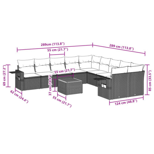 11-Piece Garden Sofa Set with Cushions Black Poly Rattan Wicker Outdoor Patio Furniture - Image 3