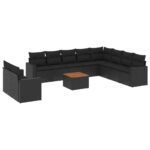 11-Piece Garden Sofa Set with Cushions Black Poly Rattan Wicker Outdoor Patio Furniture