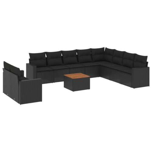 11-Piece Garden Sofa Set with Cushions Black Poly Rattan Wicker Outdoor Patio Furniture