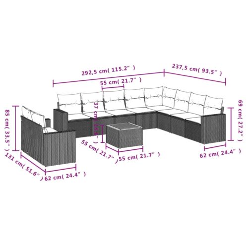 11-Piece Garden Sofa Set with Cushions Black Poly Rattan Wicker Outdoor Patio Furniture - Image 12