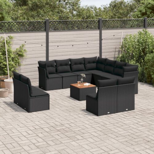 12-Piece Garden Sofa Set with Cushions Black Poly Rattan Wicker Outdoor Patio Furniture - Image 2