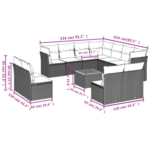 12-Piece Garden Sofa Set with Cushions Black Poly Rattan Wicker Outdoor Patio Furniture - Image 3