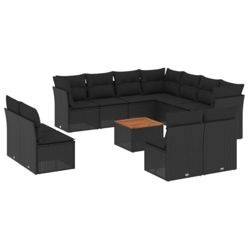 12-Piece Garden Sofa Set with Cushions Black Poly Rattan Wicker Outdoor Patio Furniture - Image 5