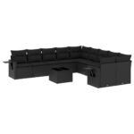 11-Piece Garden Sofa Set with Cushions Black Poly Rattan Wicker Outdoor Patio Furniture