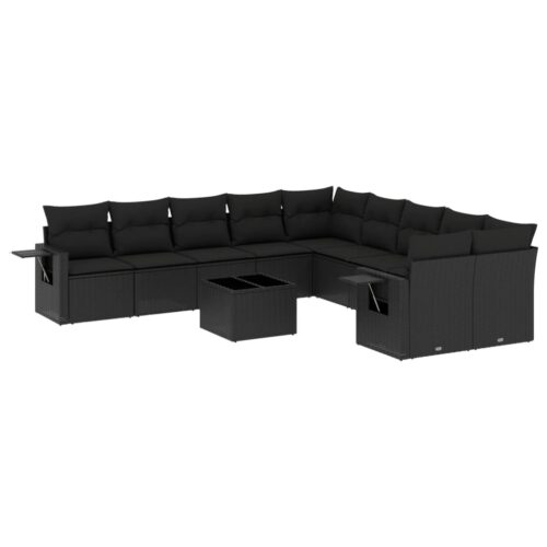 11-Piece Garden Sofa Set with Cushions Black Poly Rattan Wicker Outdoor Patio Furniture