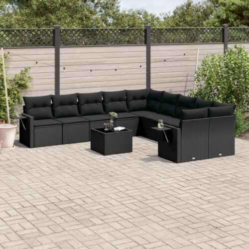 11-Piece Garden Sofa Set with Cushions Black Poly Rattan Wicker Outdoor Patio Furniture - Image 2