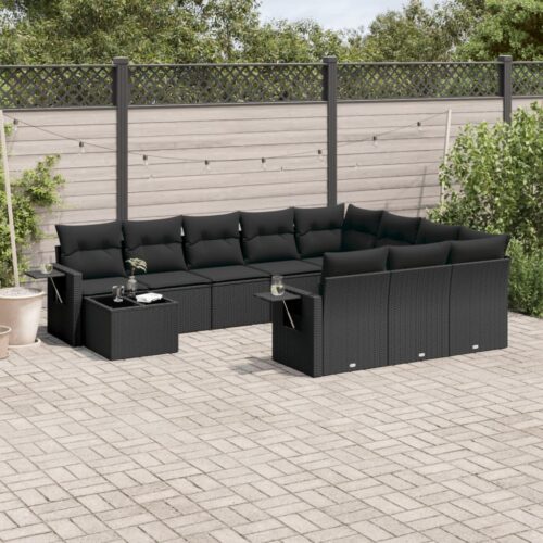 11-Piece Garden Sofa Set with Cushions Black Poly Rattan Wicker Outdoor Patio Furniture - Image 2