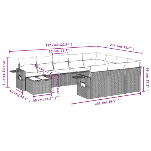 11-Piece Garden Sofa Set with Cushions Black Poly Rattan Wicker Outdoor Patio Furniture - Image 3