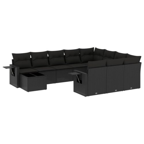 11-Piece Garden Sofa Set with Cushions Black Poly Rattan Wicker Outdoor Patio Furniture - Image 5