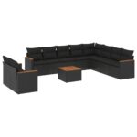 11-Piece Garden Sofa Set with Cushions Black Poly Rattan Wicker Outdoor Patio Furniture