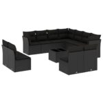 12-Piece Garden Sofa Set with Cushions Black Poly Rattan Wicker Outdoor Patio Furniture