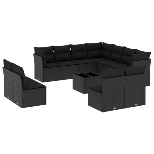 12-Piece Garden Sofa Set with Cushions Black Poly Rattan Wicker Outdoor Patio Furniture