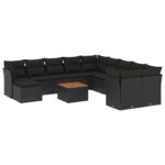 12-Piece Garden Sofa Set with Cushions Black Poly Rattan Wicker Outdoor Patio Furniture