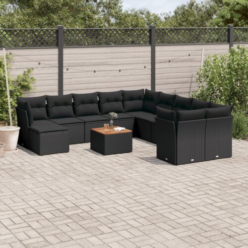 12-Piece Garden Sofa Set with Cushions Black Poly Rattan Wicker Outdoor Patio Furniture - Image 2