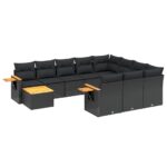 11-Piece Garden Sofa Set with Cushions Black Poly Rattan Wicker Outdoor Patio Furniture