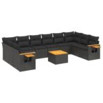 11-Piece Garden Sofa Set with Cushions Black Poly Rattan Wicker Outdoor Patio Furniture