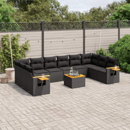 11-Piece Garden Sofa Set with Cushions Black Poly Rattan Wicker Outdoor Patio Furniture - Image 2