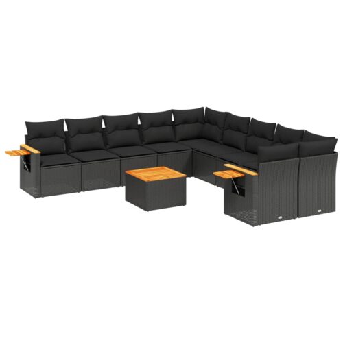 11-Piece Garden Sofa Set with Cushions Black Poly Rattan Wicker Outdoor Patio Furniture