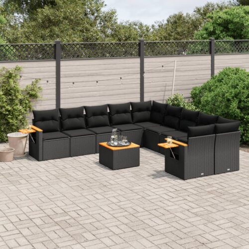 11-Piece Garden Sofa Set with Cushions Black Poly Rattan Wicker Outdoor Patio Furniture - Image 2