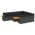 11-Piece Garden Sofa Set with Cushions Black Poly Rattan Wicker Outdoor Patio Furniture