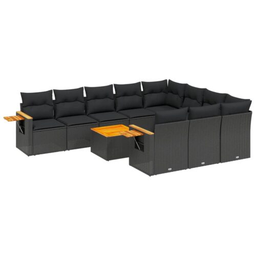 11-Piece Garden Sofa Set with Cushions Black Poly Rattan Wicker Outdoor Patio Furniture