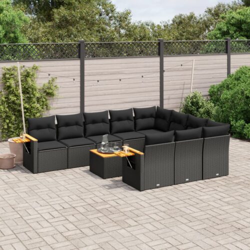 11-Piece Garden Sofa Set with Cushions Black Poly Rattan Wicker Outdoor Patio Furniture - Image 2