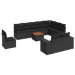 11-Piece Garden Sofa Set with Cushions Black Poly Rattan Wicker Outdoor Patio Furniture