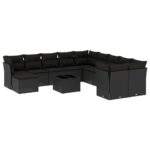 12-Piece Garden Sofa Set with Cushions Black Poly Rattan Wicker Outdoor Patio Furniture