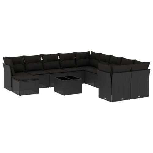 12-Piece Garden Sofa Set with Cushions Black Poly Rattan Wicker Outdoor Patio Furniture