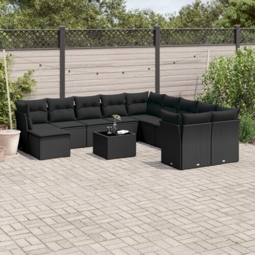 12-Piece Garden Sofa Set with Cushions Black Poly Rattan Wicker Outdoor Patio Furniture - Image 2