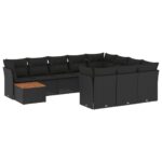 11-Piece Garden Sofa Set with Cushions Black Poly Rattan Wicker Outdoor Patio Furniture