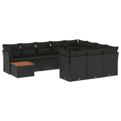 11-Piece Garden Sofa Set with Cushions Black Poly Rattan Wicker Outdoor Patio Furniture