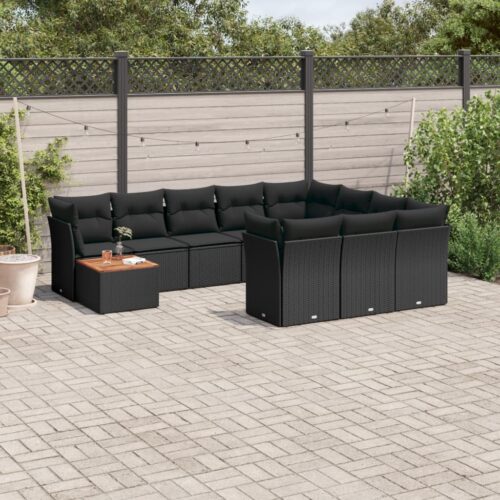 11-Piece Garden Sofa Set with Cushions Black Poly Rattan Wicker Outdoor Patio Furniture - Image 2