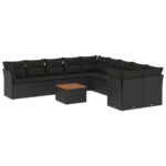 11-Piece Garden Sofa Set with Cushions Black Poly Rattan Wicker Outdoor Patio Furniture