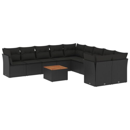 11-Piece Garden Sofa Set with Cushions Black Poly Rattan Wicker Outdoor Patio Furniture
