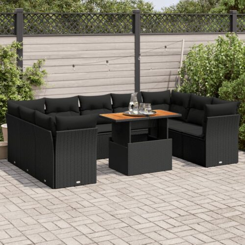 10-Piece Garden Sofa Set with Cushions Black Poly Rattan Wicker Outdoor Patio Furniture - Image 2