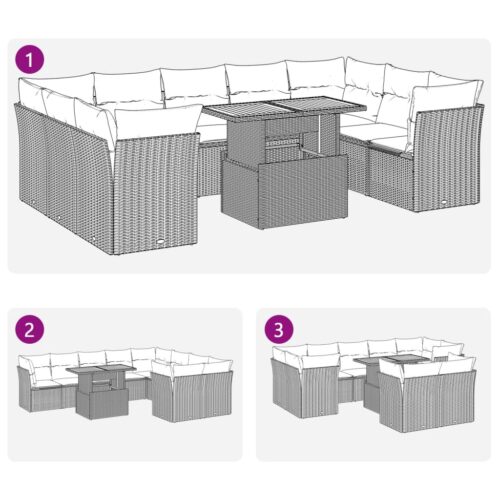 10-Piece Garden Sofa Set with Cushions Black Poly Rattan Wicker Outdoor Patio Furniture - Image 9