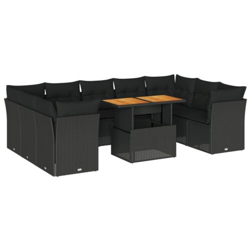 10-Piece Garden Sofa Set with Cushions Black Poly Rattan Wicker Outdoor Patio Furniture - Image 13