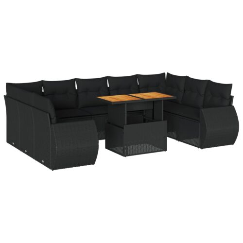 10-Piece Garden Sofa Set with Cushions Black Poly Rattan Wicker Outdoor Patio Furniture - Image 13