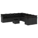 11-Piece Garden Sofa Set with Cushions Black Poly Rattan Wicker Outdoor Patio Furniture