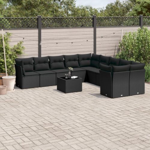 11-Piece Garden Sofa Set with Cushions Black Poly Rattan Wicker Outdoor Patio Furniture - Image 2