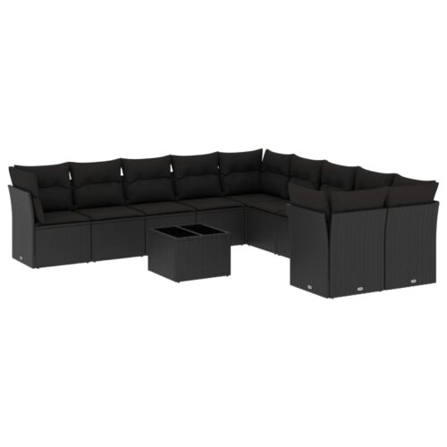 11-Piece Garden Sofa Set with Cushions Black Poly Rattan Wicker Outdoor Patio Furniture - Image 5