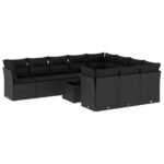 11-Piece Garden Sofa Set with Cushions Black Poly Rattan Wicker Outdoor Patio Furniture