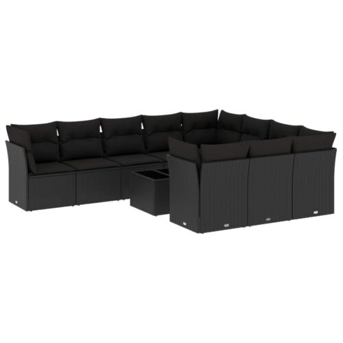 11-Piece Garden Sofa Set with Cushions Black Poly Rattan Wicker Outdoor Patio Furniture - Image 5