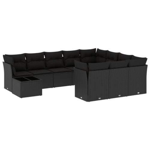 11-Piece Garden Sofa Set with Cushions Black Poly Rattan Wicker Outdoor Patio Furniture - Image 5