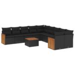 11-Piece Garden Sofa Set with Cushions Black Poly Rattan Wicker Outdoor Patio Furniture